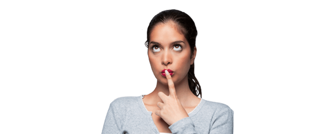 woman wondering and holding finger up to lips